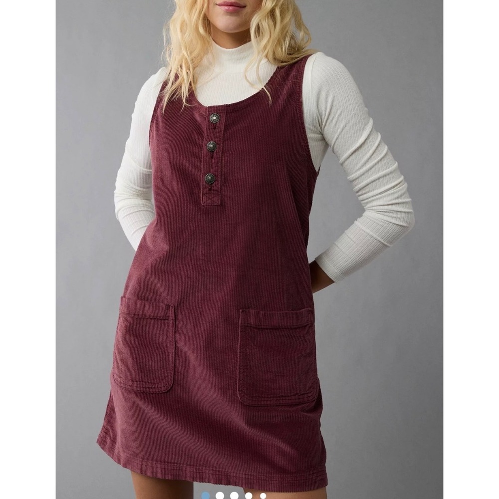 NWT American Eagle Corduroy Pinafore Dress Burgundy A-Line Pocket Mini XS